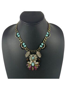 Statement Necklace Faux Turquoise Pink Gemstones On Chunky Gold Chain